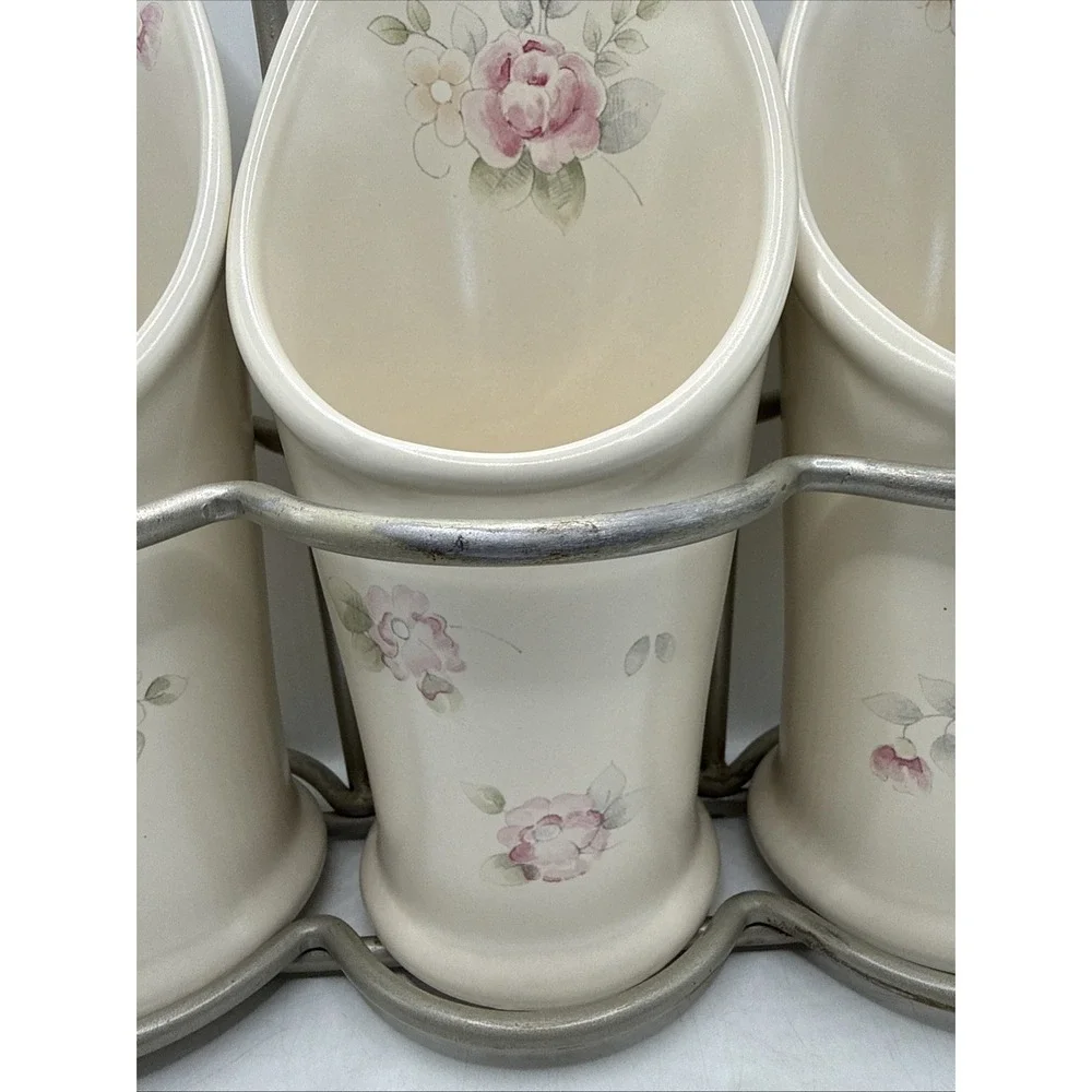 Pfaltzgraff TEA ROSE Flatware Caddy Silverware Utensil Holder With Stand.